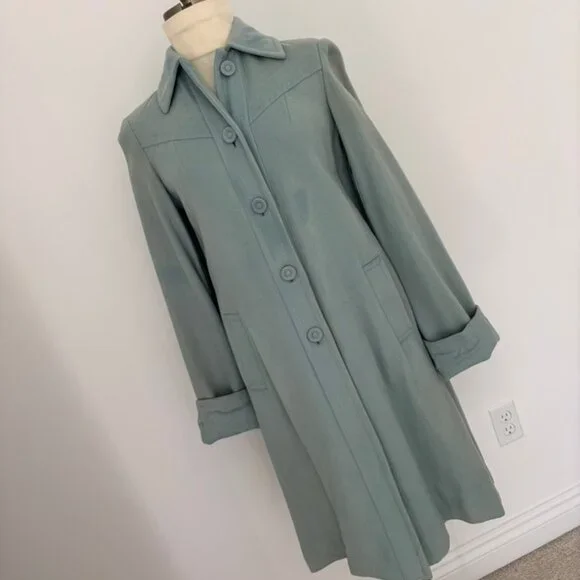Vintage Teal Blue Wool Lined Dress Coat Cuffs - Picture 1 of 16
